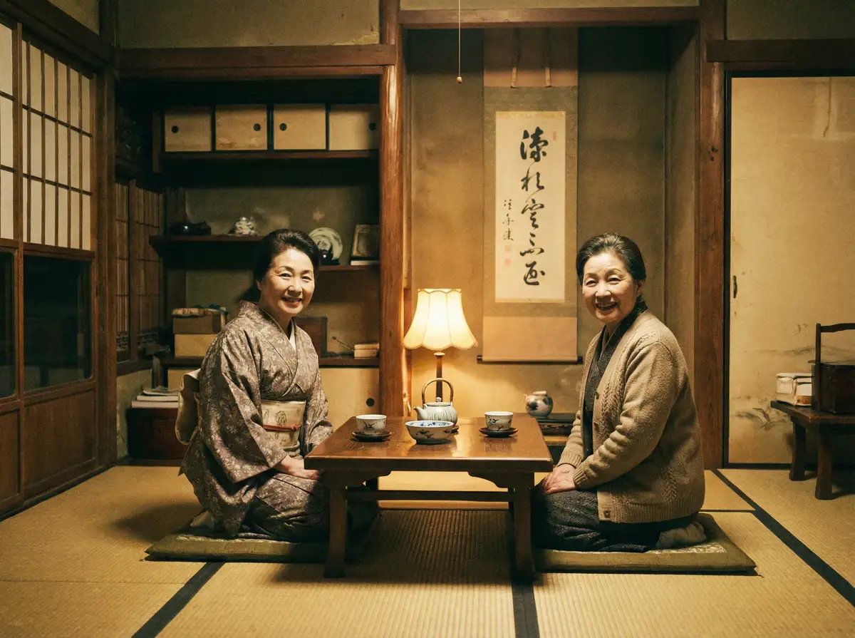 两位优雅的 阿里体育网址 在日式茶室中品茶交谈